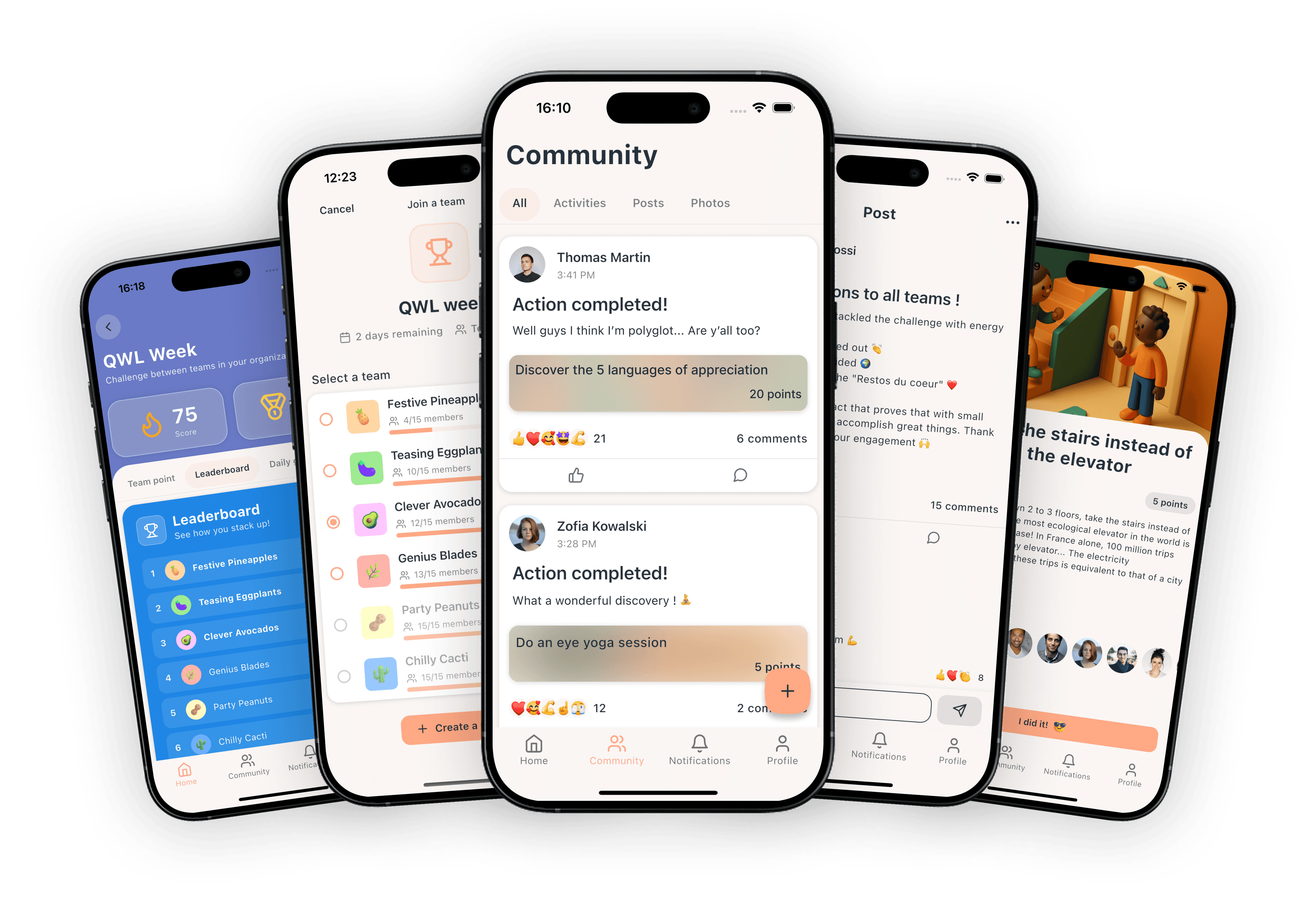 Mobile app interface showing social network features